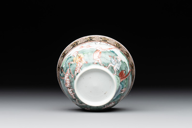 A fine Chinese famille rose 'apple pickers' cup and saucer, Yongzheng