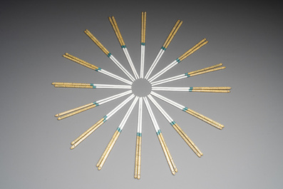 16 pairs of Chinese yellow- and turquoise-enamelled porcelain chopsticks, 20th C.