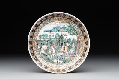 A fine Chinese famille rose 'apple pickers' cup and saucer, Yongzheng