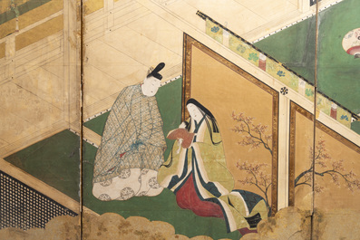 A Japanese six-panel 'byobu' screen: ink, colour and gold leaf on paper, with silk border, Edo, 18th C.