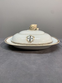 A Chinese export famille rose covered tureen and an oval dish with strainer, Jiaqing