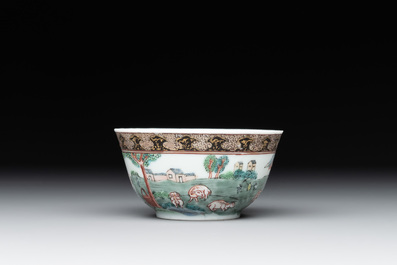 A fine Chinese famille rose 'apple pickers' cup and saucer, Yongzheng