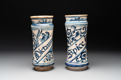 Two Spanish blue and white albarelli, 17th C.