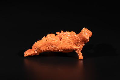 A Chinese red coral 'Sanxing' group on wooden stand, 19/20th C.