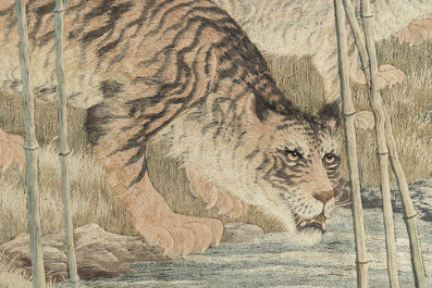 A Japanese embroidered silk with six tigers in the bamboo forest, 應舉 mark, Meiji, 19th C.