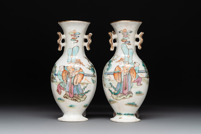 A pair of Chinese famille rose wall vases and a 'gu' vase, 19/20th C.