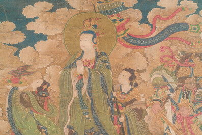 Chinese school: 'A sky full of Buddhist divinities', ink and colour on silk, 18th C.