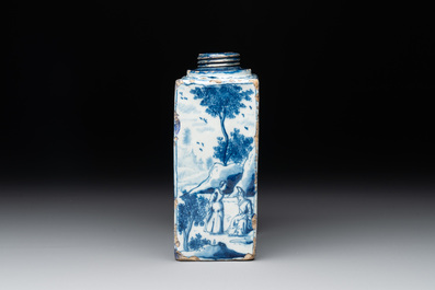 A blue and white Dutch Delft tea caddy with narrative design, early 18th C.