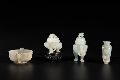 Two Chinese celadon jade censers, a snuff bottle and a two-handled cup, Ming and later