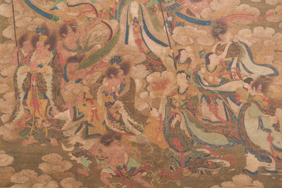 Chinese school: 'A sky full of Buddhist divinities', ink and colour on silk, 18th C.