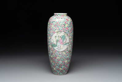 A Chinese famille rose 'millefleurs' 'ladies in a garden' vase, Republic