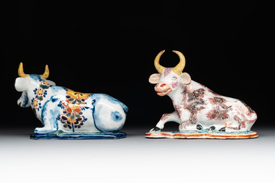 Four polychrome and petit feu Dutch Delft cows, 18th C.