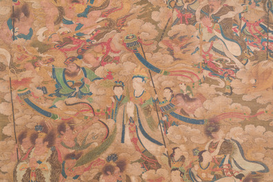 Chinese school: 'A sky full of Buddhist divinities', ink and colour on silk, 18th C.
