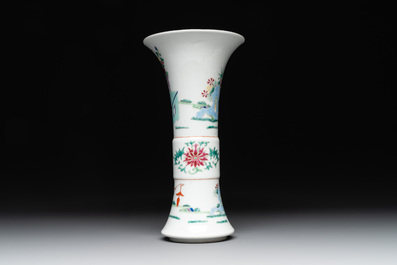 A pair of Chinese famille rose wall vases and a 'gu' vase, 19/20th C.