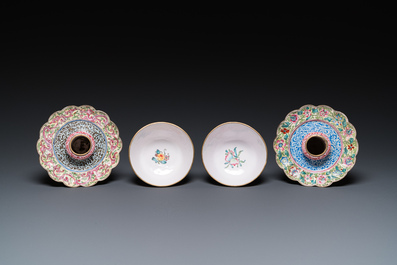 A pair of Chinese Canton enamel marriage bowls on stems, Yongzheng