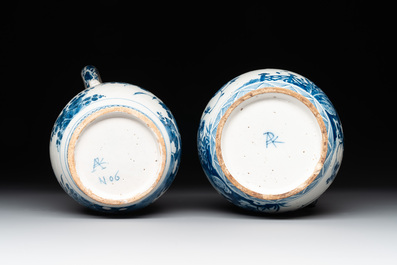Two blue and white Dutch Delft jugs with pewter mounts, early 18th C.