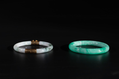 Two Chinese jadeite bracelets, one with 14K gold mounts, 19/20th C.