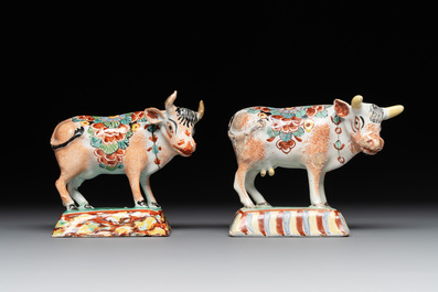 Four polychrome and petit feu Dutch Delft cows, 18th C.