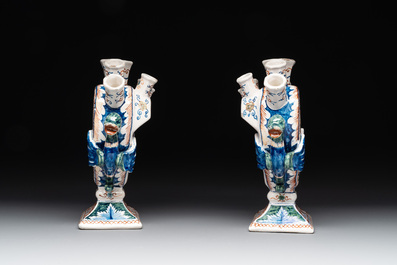 A pair of polychrome Dutch Delft cashmere palette tulip vases, 19th C.