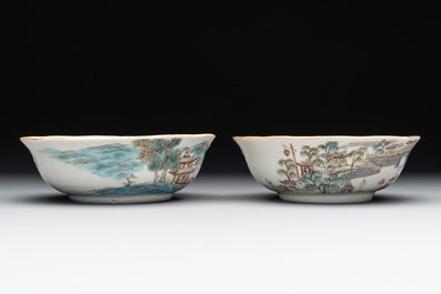 A pair of Chinese famille rose 'landscape' bowls, Daoguang mark and of the period
