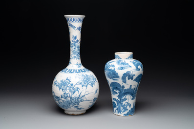 Two blue and white Dutch Delft chinoiserie vases, 17th C.