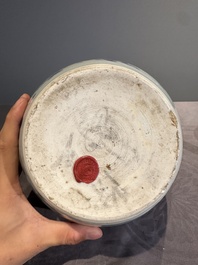 A Chinese blue and white 'lotus scroll' vase with wooden cover, Kangxi