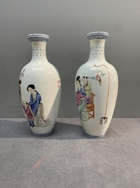 A pair of Chinese famille rose semi-eggshell 'ladies and boys' vases, Hongxian mark, 20th C.