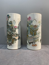 Two Chinese qianjiang cai 'antiquities' hat stands, signed Xu Pinheng 許品衡, Guangxu mark, dated 1892 and 1894