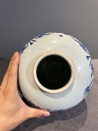 A Chinese blue and white 'lotus scroll' vase with wooden cover, Kangxi