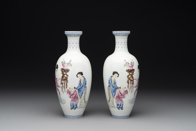 A pair of Chinese famille rose semi-eggshell 'ladies and boys' vases, Hongxian mark, 20th C.