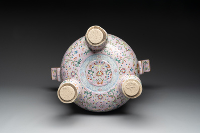 A large and impressive Chinese famille rose 'bajixiang and lotus scroll' censer with a wooden cover, Jiaqing mark and of the period