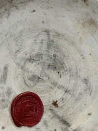 A Chinese blue and white 'lotus scroll' vase with wooden cover, Kangxi