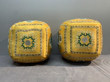 A pair of Chinese yellow-ground embroidered silk 'dragon' cushions, 19th C.