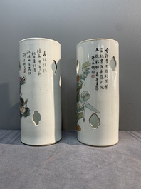 Two Chinese qianjiang cai 'antiquities' hat stands, signed Xu Pinheng 許品衡, Guangxu mark, dated 1892 and 1894
