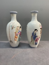 A pair of Chinese famille rose semi-eggshell 'ladies and boys' vases, Hongxian mark, 20th C.