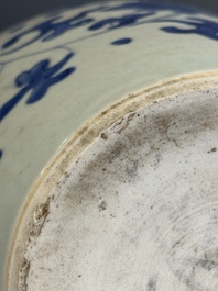 A Chinese blue and white 'lotus scroll' vase with wooden cover, Kangxi