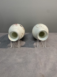 A pair of Chinese famille rose semi-eggshell 'ladies and boys' vases, Hongxian mark, 20th C.