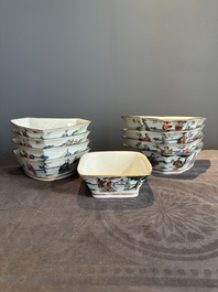 A Chinese famille rose nine-piece sweetmeat or rice table set, Tongzhi mark, 19th C.