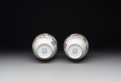 A pair of Chinese famille rose semi-eggshell 'ladies and boys' vases, Hongxian mark, 20th C.