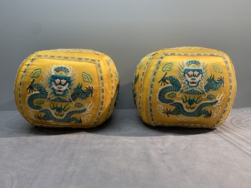 A pair of Chinese yellow-ground embroidered silk 'dragon' cushions, 19th C.