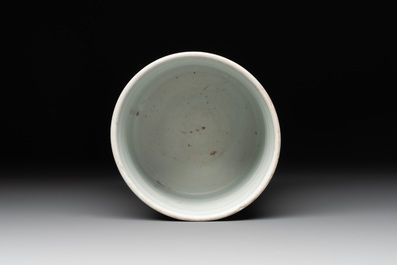 A Chinese incised celadon-glazed 'lotus scroll' brush pot, Kangxi