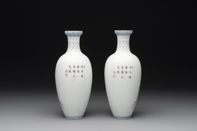 A pair of Chinese famille rose semi-eggshell 'ladies and boys' vases, Hongxian mark, 20th C.