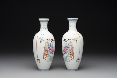A pair of Chinese famille rose semi-eggshell 'ladies and boys' vases, Hongxian mark, 20th C.