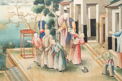 Canton school: 'Farewell at the entrance of the official residence', gouache on paper, Qianlong