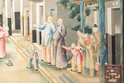 Canton school: 'Farewell at the entrance of the official residence', gouache on paper, Qianlong
