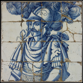A rare and very large blue and white Dutch Delft 60-piece tile mural depicting Hannibal, 17th C.