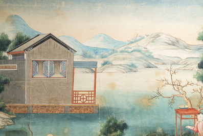 Canton school: 'Farewell at the entrance of the official residence', gouache on paper, Qianlong