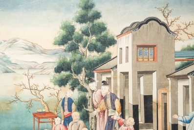 Canton school: 'Farewell at the entrance of the official residence', gouache on paper, Qianlong