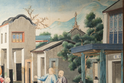 Canton school: 'Farewell at the entrance of the official residence', gouache on paper, Qianlong