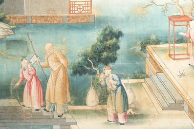 Canton school: 'Farewell at the entrance of the official residence', gouache on paper, Qianlong
